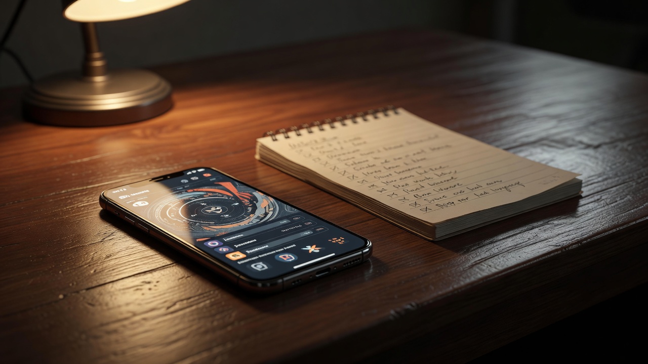 手机屏幕上显示体育应用更新后的设置界面，旁边放着记录要点的便签和一支笔